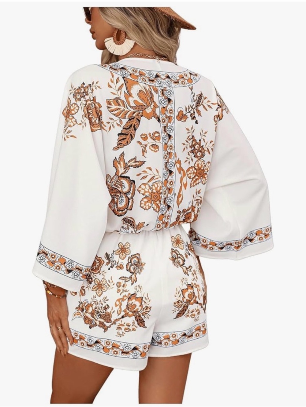 New Amazon White/Brown Floral Print Women's Short Set, Size Large - Picture 2 of 14
